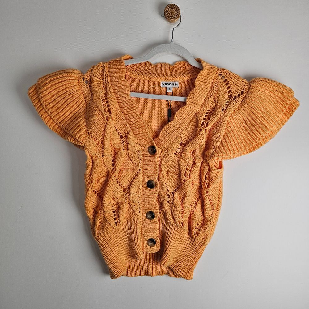 VIGOSS Jupiter Ruffle Sleeve‎ Pointelle Cardigan Size Large Orange